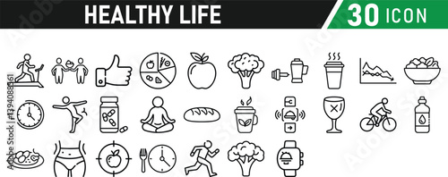 Set of healthy life icons, fitness, gym, workout, food