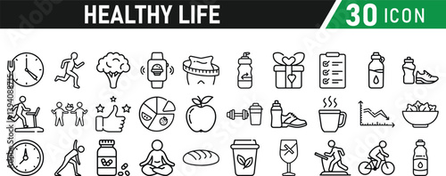 Set of healthy life icons, fitness, gym, workout, food