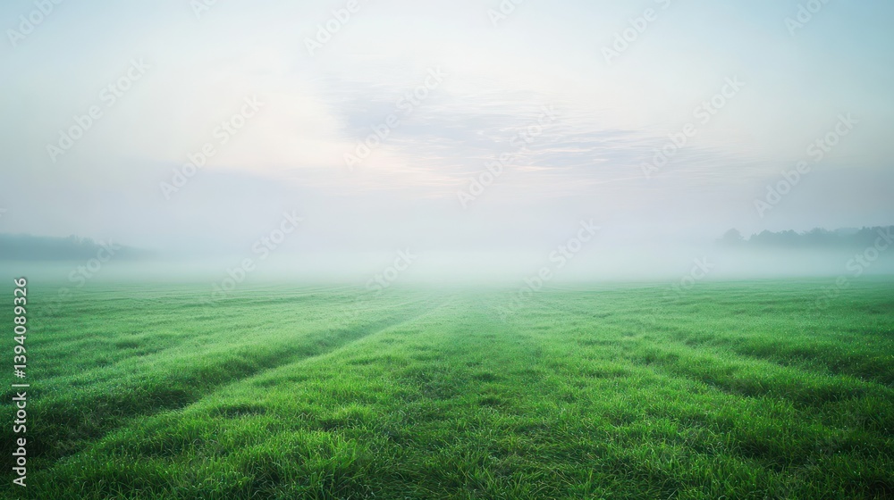 Fototapeta premium A lush green meadow disappearing into thick white fog, soft pastel hues blending into misty horizon, tranquil and serene with perfect atmospheric lighting