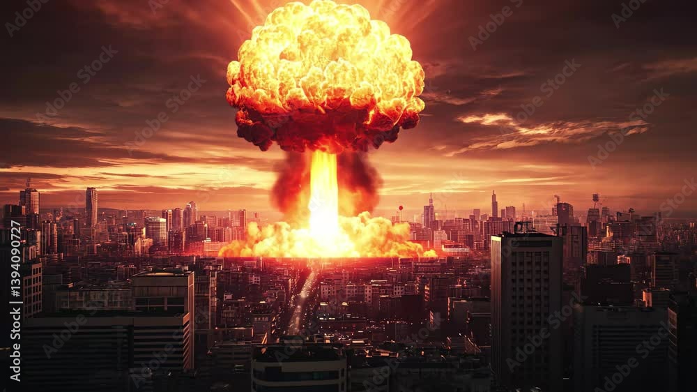 Nuclear explosion in a war-torn city landscape during the chaos of battle, a boom nuclear exploding on city landscape at war video in background