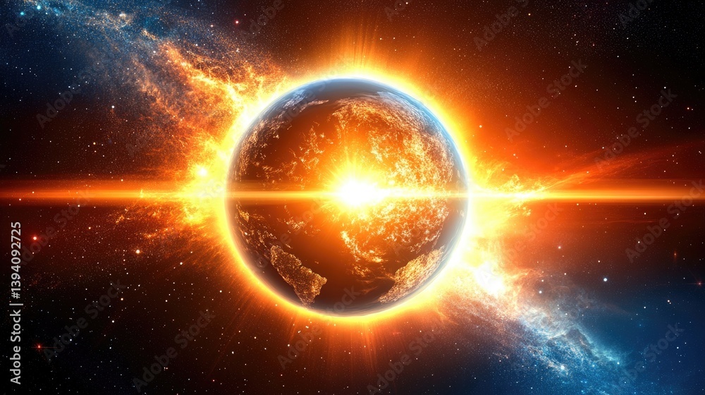 Obraz premium Planet illuminated. Bursting star radiates in vast cosmic expanse. Fiery light, nebula backdrop