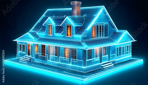Futuristic digital rendering of a two-story house glowing in blue