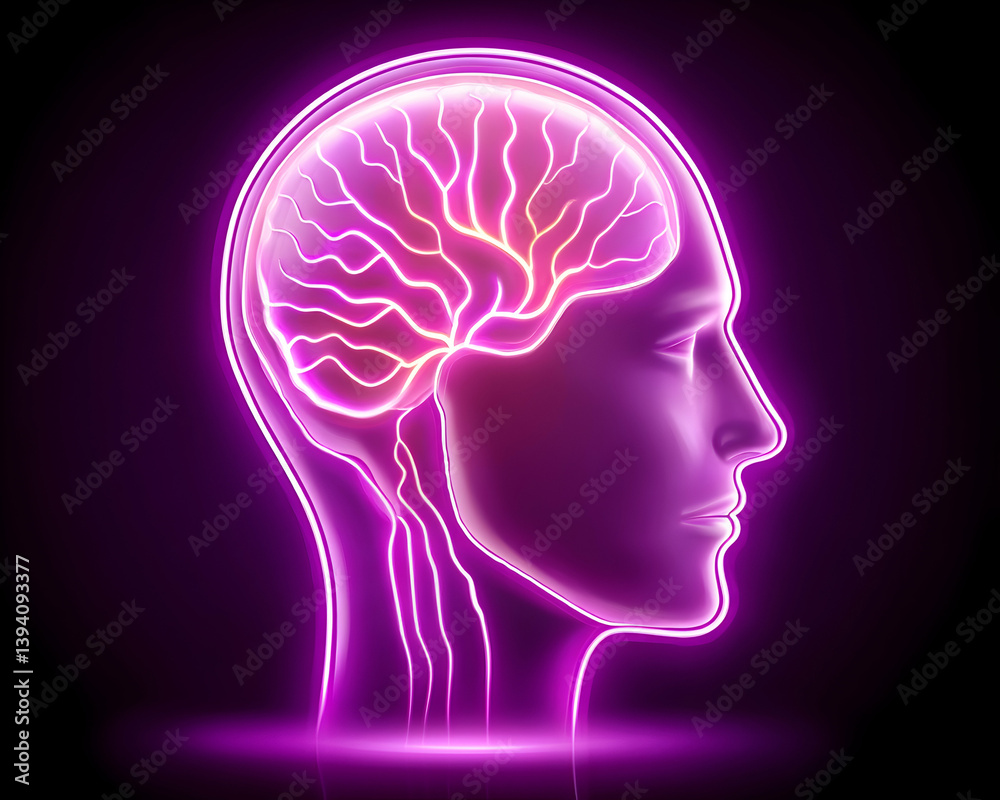 Glowing human head profile showcasing illuminated brain neural pathways