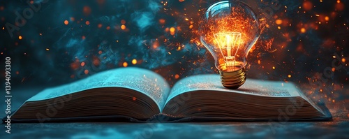 Glowing bulb on open book, knowledge concept