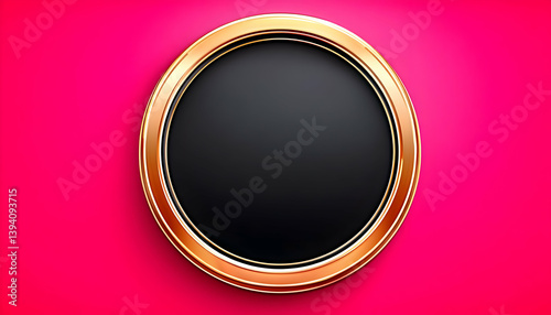 Gold circular frame with black center against vibrant pink background