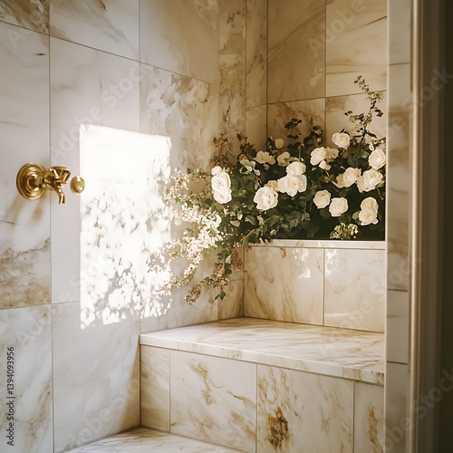 A luxurious bathroom decorated with white roses and natural light