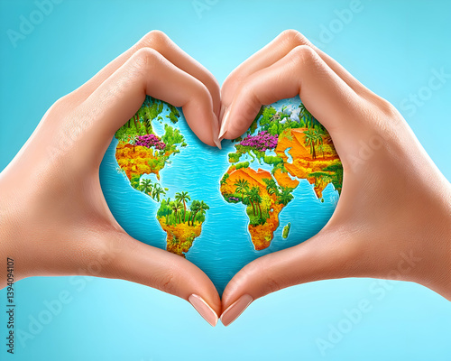Hands forming heart shape around a miniature world map