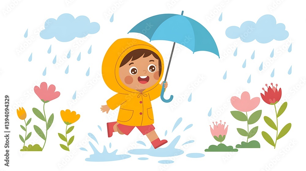 A happy child in a yellow raincoat joyfully splashes in puddles under a blue umbrella during a spring rain. A happy child in a yellow raincoat joyfully splashes in puddles under a blue umbrella during a spring rain.