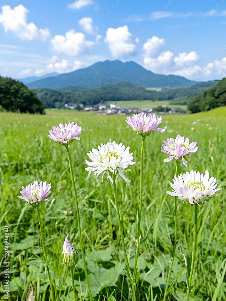 Idyllic meadow wildflowers against mountain backdrop Idyllic meadow wildflowers against mountain backdrop