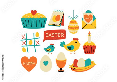 Cute set of Easter stickers and illustrations in flat style. Set of spring elements and Easter attributes, chicken, eggs, cake, chickens. Stickers for printing and decor. Christian celebrations.