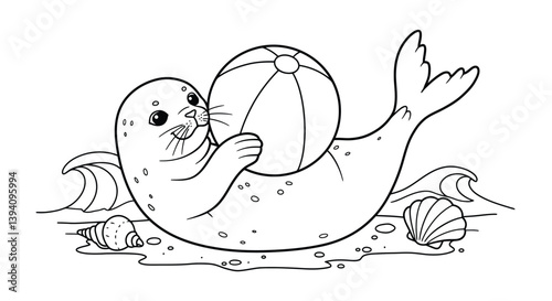 Playful Seal on the Shore: A delightful seal balances a beach ball, with shells and waves, in a lively scene. The artwork has bold lines, adding a whimsical touch to the composition.