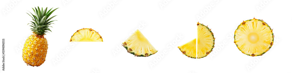 Fresh Pineapple Slices and Whole Fruit Isolated on White Background