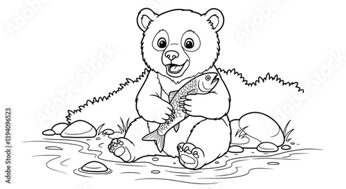 Adorable Bear with Fish: A cute bear cub, fresh from its fishing adventure, cuddles a freshly caught fish, portraying a whimsical illustration in black and white.