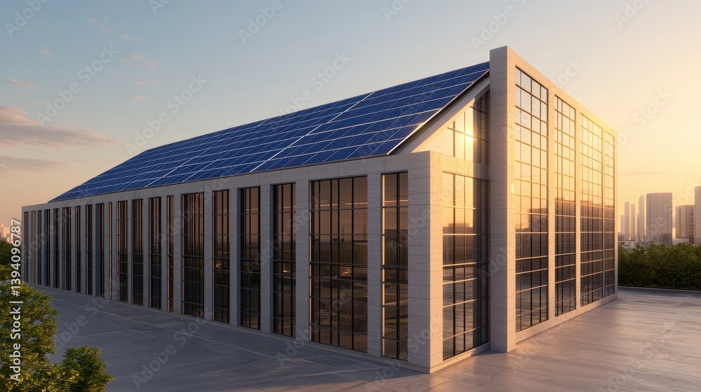 Fototapeta premium Modern Eco-Friendly Building with Solar Panels and Glass Facade During Sunset in an Urban Environment