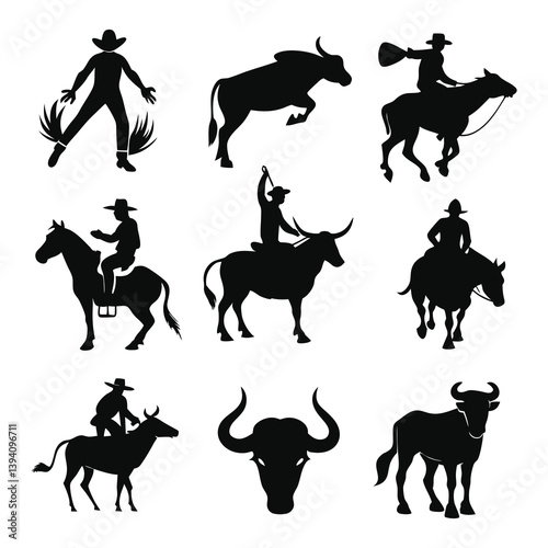 Bull rodeo icons of silhouette black shape vector illustration isolated on white background