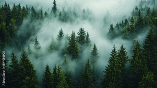 A soft morning fog flowing through a dense evergreen forest, treetops emerging like islands, delicate tendrils of mist drifting through branches, ethereal and tranquil