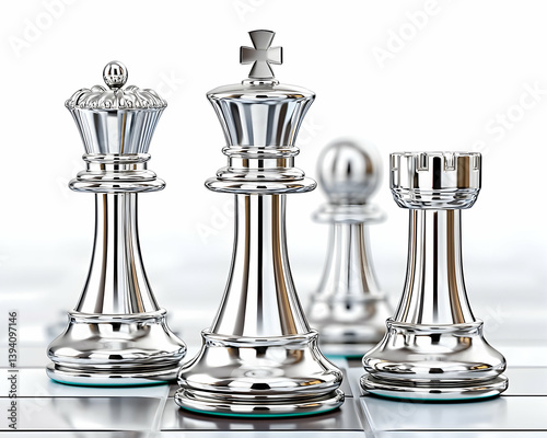 Polished silver chess pieces, king, queen, rook, and bishop, on a board