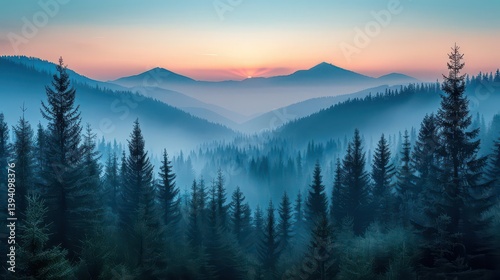 Serene mountain landscape at dawn with misty valleys and evergreen trees.