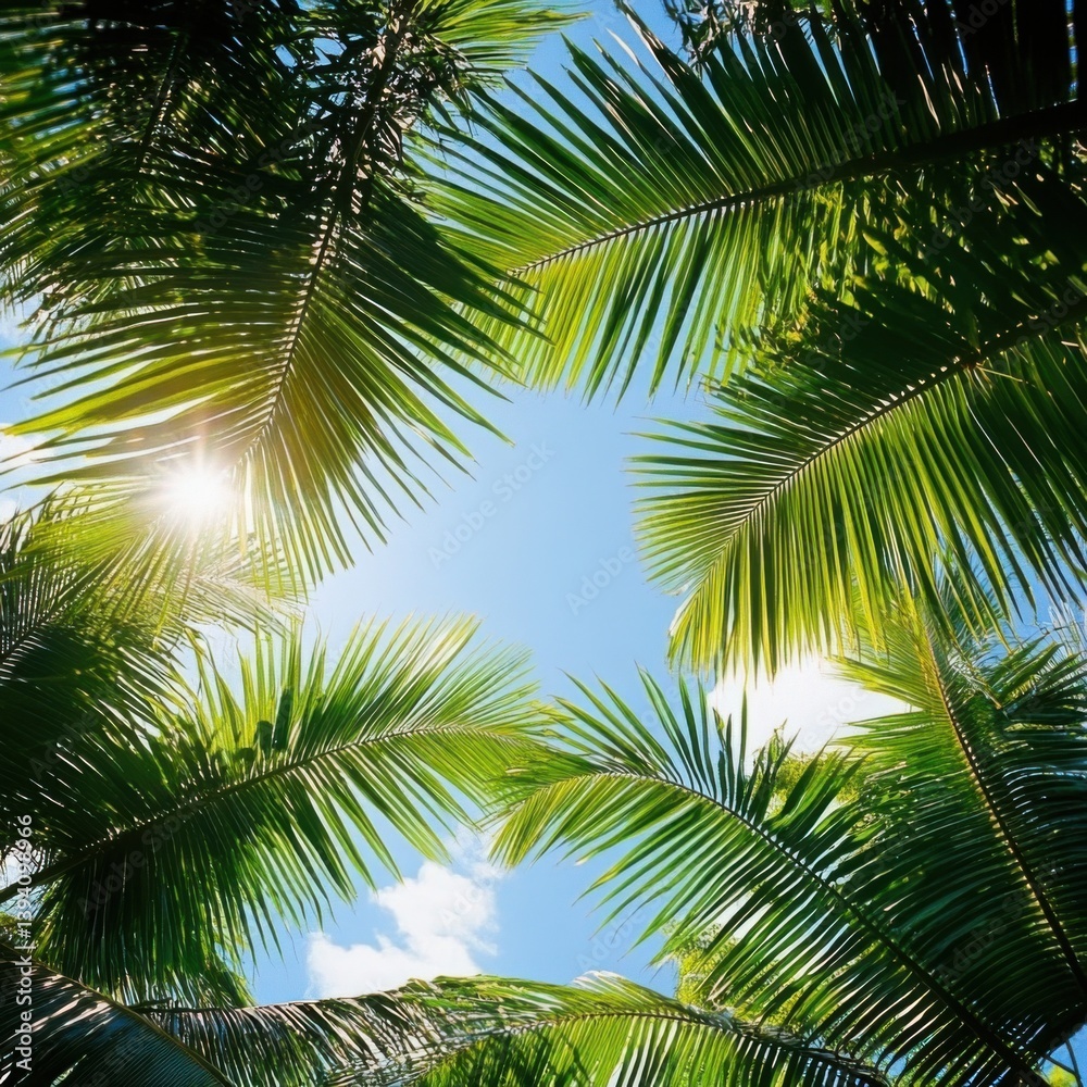 Palm Tree Canopy Against Blue Sky | Tropical Vacation Background for Travel and Tourism Marketing Palm Tree Canopy Against Blue Sky | Tropical Vacation Background for Travel and Tourism Marketing