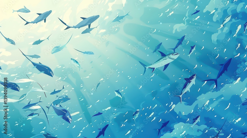 Obraz premium Celebrating World fish migration day with ocean fishes underwater scene. Horizontal banner. Copy space. World Wildlife Day