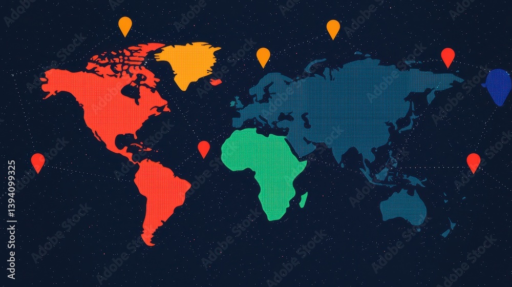 Fototapeta premium Abstract World Map with Colorful Location Markers and Connected Dots on Dark Background for Global Representation