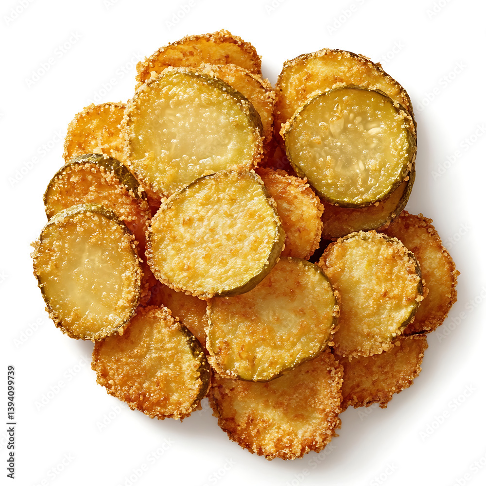 Golden and crispy fried pickles with a perfectly seasoned outer layer and tangy pickle inside, isolated white background, modern art style Golden and crispy fried pickles with a perfectly seasoned outer layer and tangy pickle inside, isolated white background, modern art style
