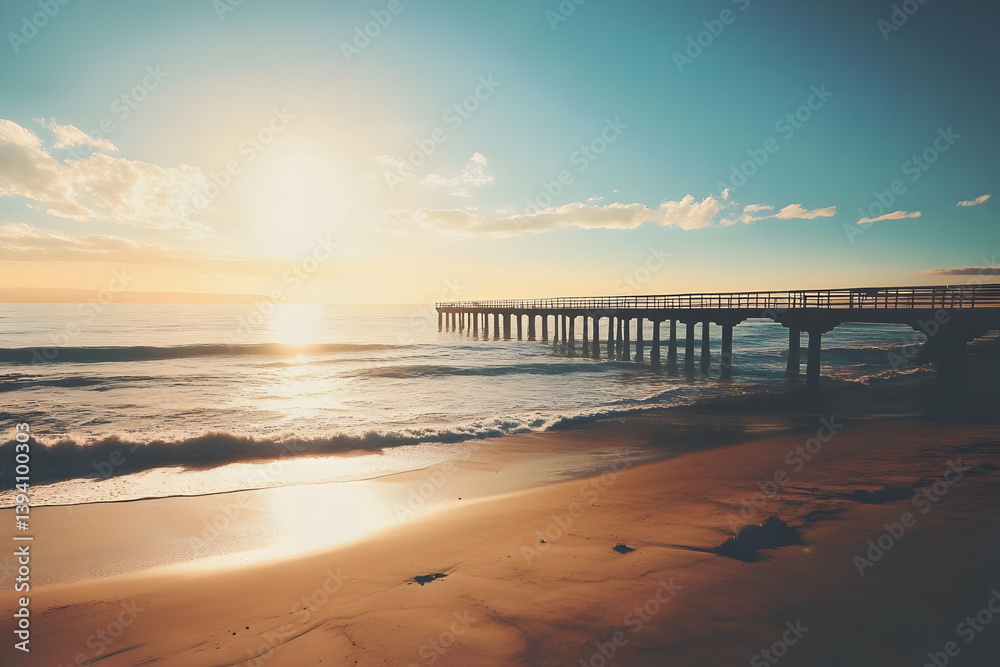 A serene sunrise over the beach with a pier. A serene sunrise over the beach with a pier.