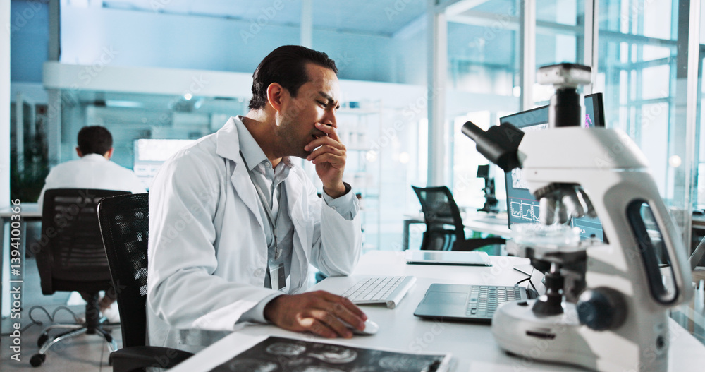 Tired, laptop and science with man in laboratory for healthcare, medical or pharmaceutical innovation. Computer, microscope and yawning with scientist with fatigue in clinical trial for development Tired, laptop and science with man in laboratory for healthcare, medical or pharmaceutical innovation. Computer, microscope and yawning with scientist with fatigue in clinical trial for development