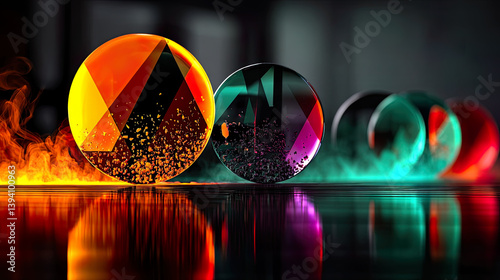 Neon Holographic Mist with Geometric Forms and Digital Particle Dispersion in Abstract Minimalistic Design
