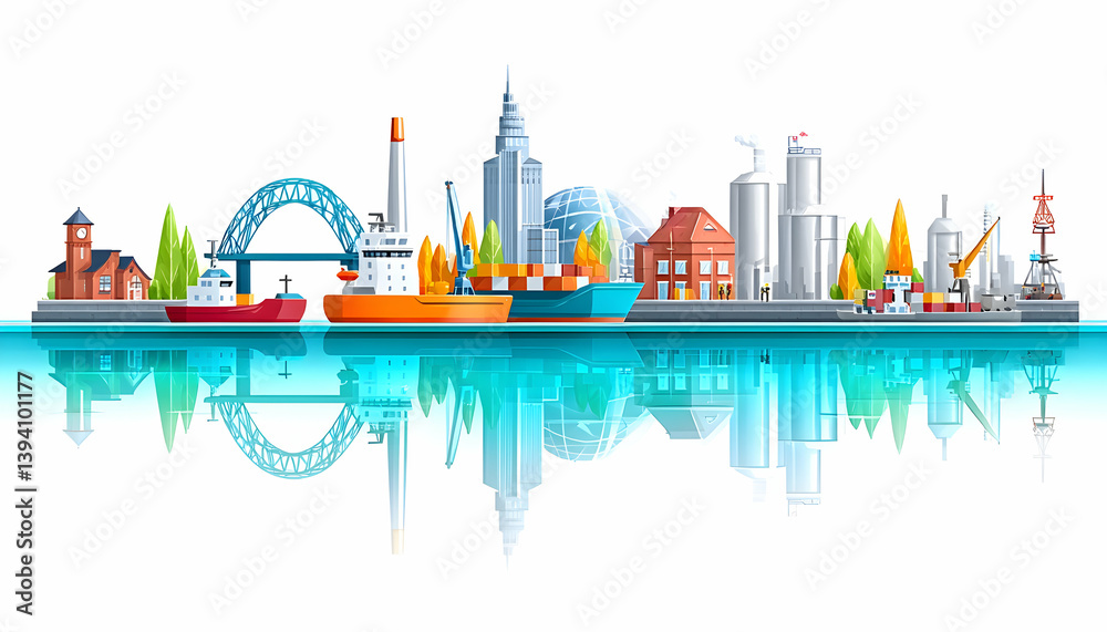 Fototapeta premium Vibrant city skyline reflected in water, showcasing harbor, bridge, and diverse architecture