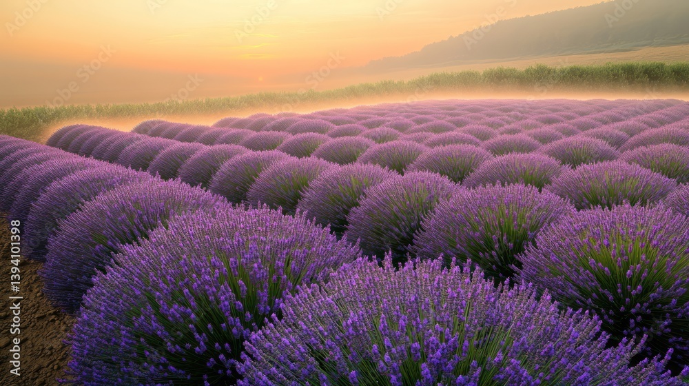 Fototapeta premium Endless rows of lavender stretching into horizon, illuminated by warm golden hues of sunrise, scent of fresh blooms lingering air, subtle mist rolling over landscape,