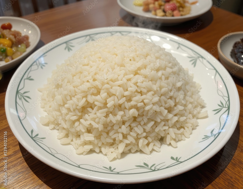 Steaming Rice Bowl on Plate Surrounded by Small Dish Accompaniments Steaming Rice Bowl on Plate Surrounded by Small Dish Accompaniments