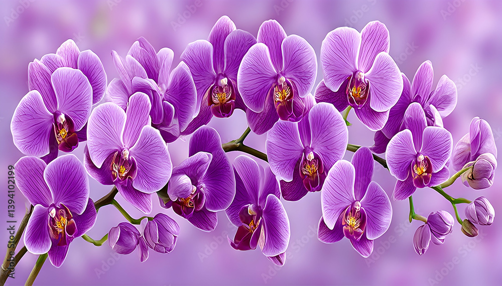 Fototapeta premium Vibrant purple orchids in full bloom on a branch against a soft background