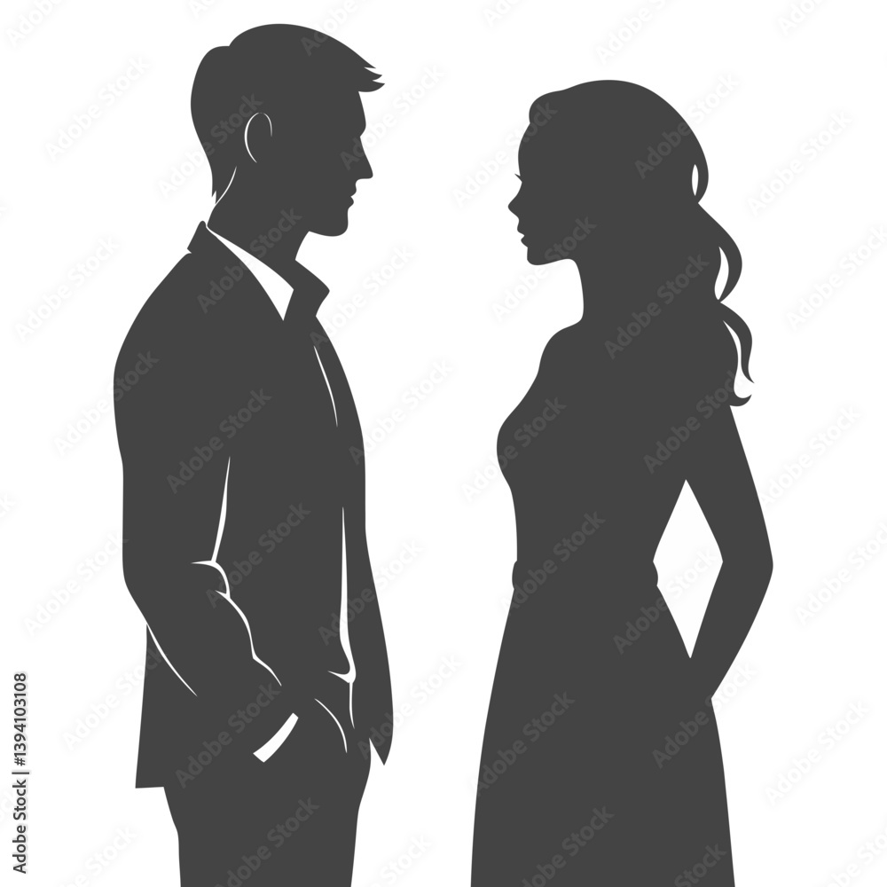 Silhouette of a Standing Man in a Suit and a Woman in a Dress, Full Body Silhouette of a Standing Man in a Suit and a Woman in a Dress, Full Body