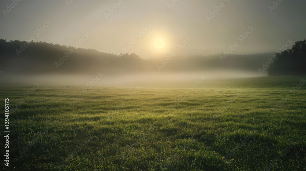 Rolling meadows disappearing into a dense fog bank, soft diffused sunlight barely visible, landscape fading into an endless sea of mist, tranquil and mysterious Rolling meadows disappearing into a dense fog bank, soft diffused sunlight barely visible, landscape fading into an endless sea of mist, tranquil and mysterious
