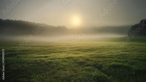 Rolling meadows disappearing into a dense fog bank, soft diffused sunlight barely visible, landscape fading into an endless sea of mist, tranquil and mysterious