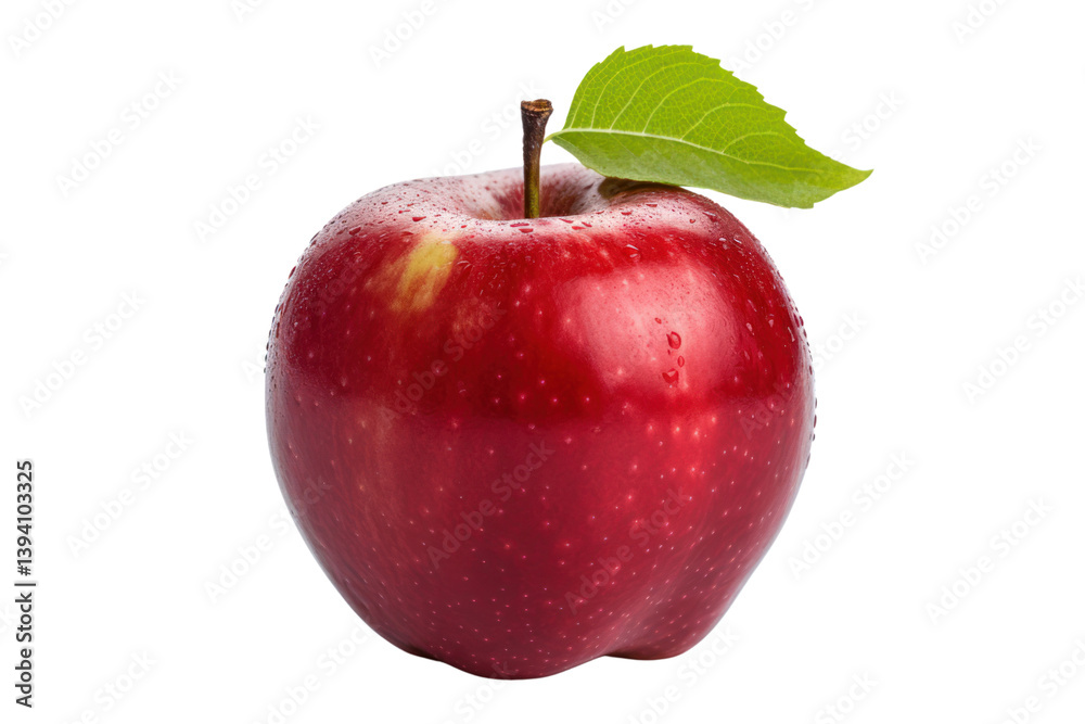 Lush red apple with a single green leaf resting on top. Isolated on white background Lush red apple with a single green leaf resting on top. Isolated on white background