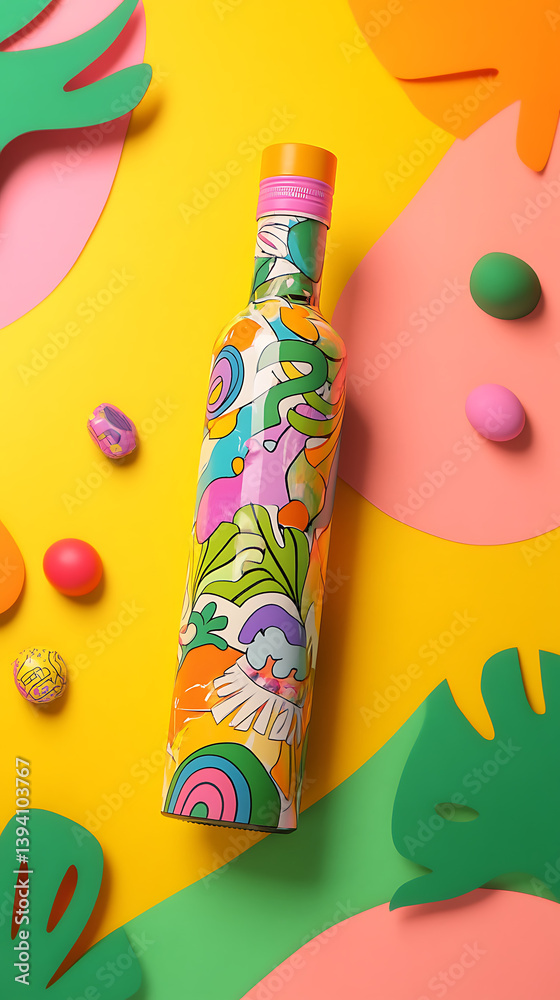 Fototapeta premium Colorful insulated bottle, vibrant design, amidst playful shapes