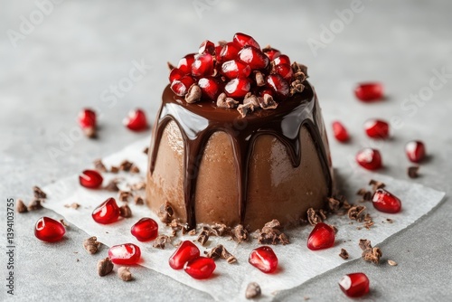 Chocolate dessert garnished with pomegranate seeds and chocolate drizzle is displayed