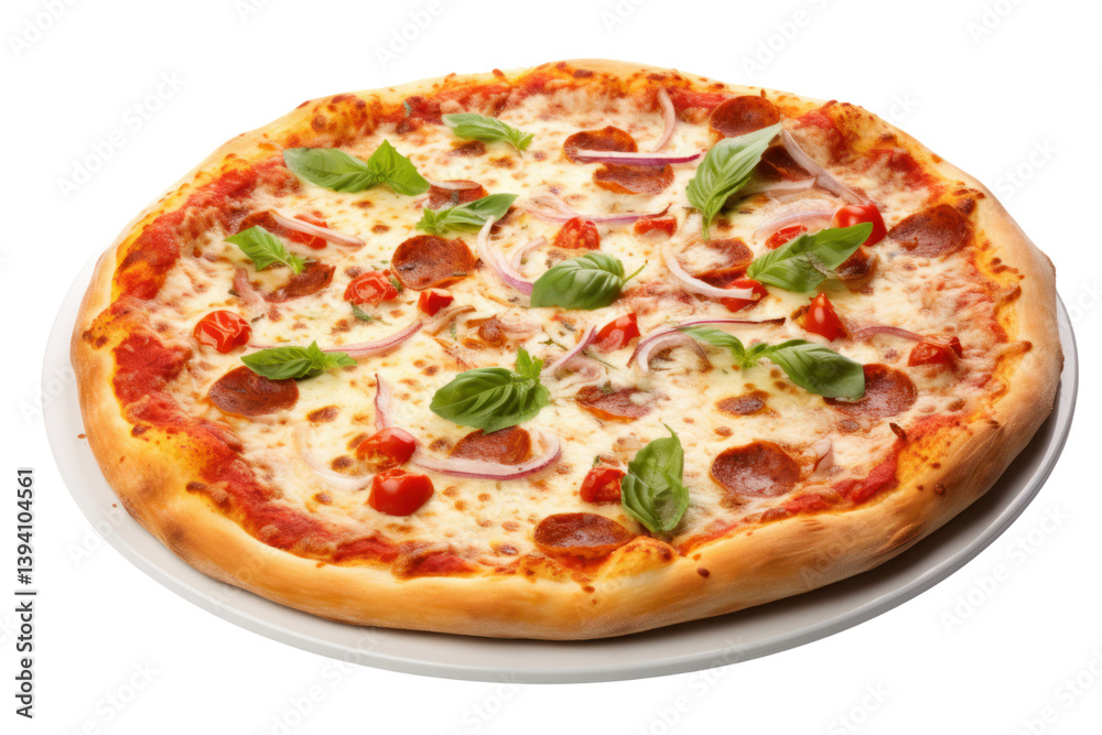 A vibrant supreme pizza with a thick crust, covered in a generous amount. Isolated on white background A vibrant supreme pizza with a thick crust, covered in a generous amount. Isolated on white background
