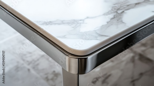 the corner between two white marble tiles and stainless table legs