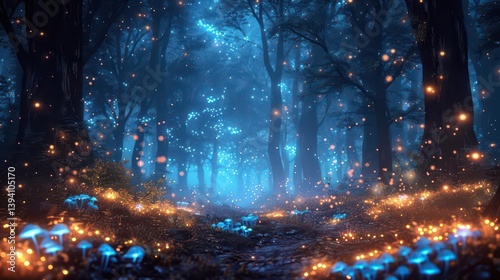 A mystical forest scene illuminated by glowing mushrooms and ethereal lights.