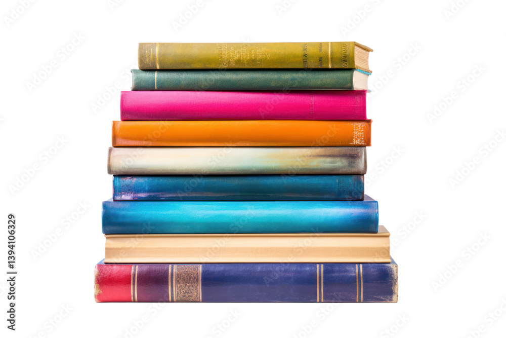 A neatly stacked pile of hardcover books in various vibrant colors, Isolated on white background A neatly stacked pile of hardcover books in various vibrant colors, Isolated on white background