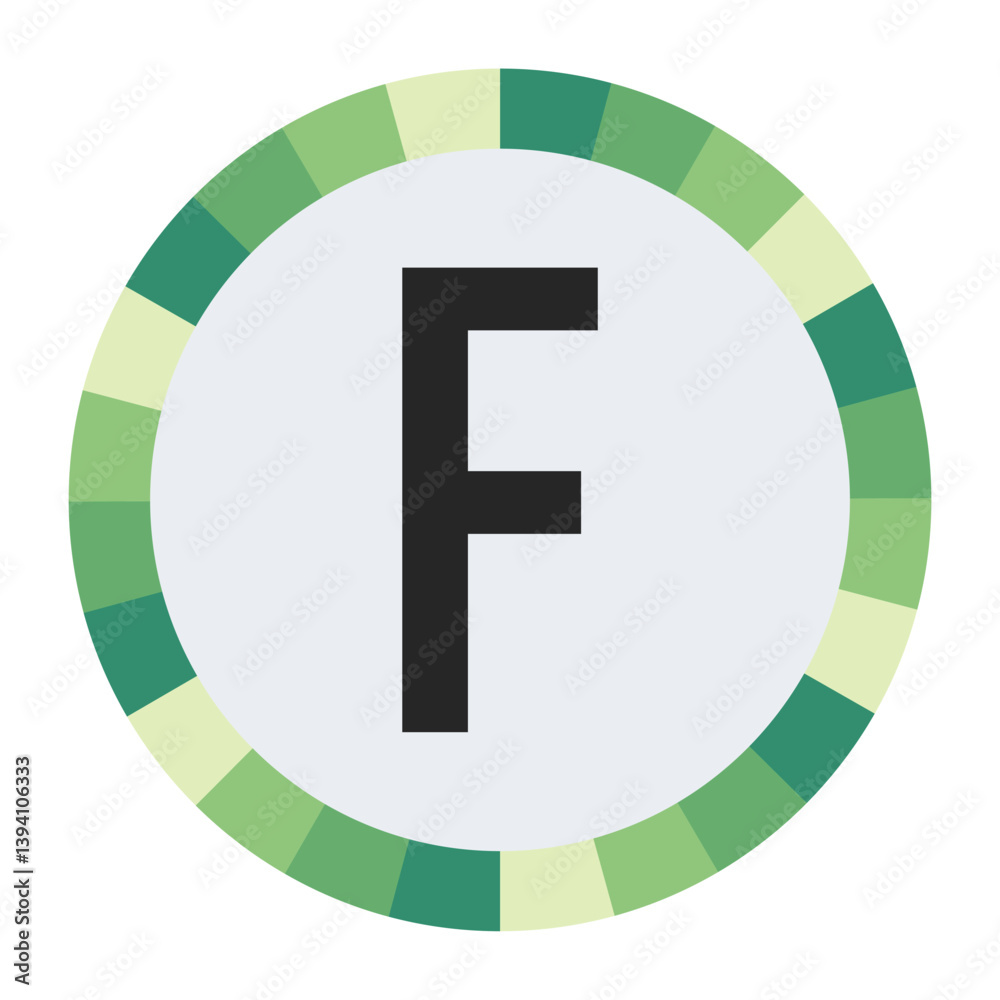 Fototapeta premium GRADIENT GREEN AND CREAM CIRCLE WITH PROMINENT OLIVE GREEN CAPITAL LETTER “F” IN THE CENTER ON A DARK BLACK BACKGROUND.
