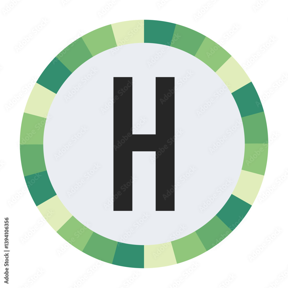 Obraz premium GRADIENT GREEN AND CREAM CIRCLE WITH PROMINENT OLIVE GREEN CAPITAL LETTER “H” IN THE CENTER ON A DARK BLACK BACKGROUND.