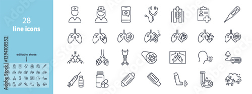 Set of line icons on respiratory health. Includes lungs, asthma, tuberculosis, and pulmonary care. Covers respiratory diseases and treatment options. Perfect for healthcare apps and medical resources.