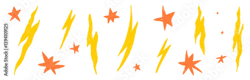 Star and lightning crayon set with chalk texture. Star kid crayon yellow color. Simple kid element. Vector illustration