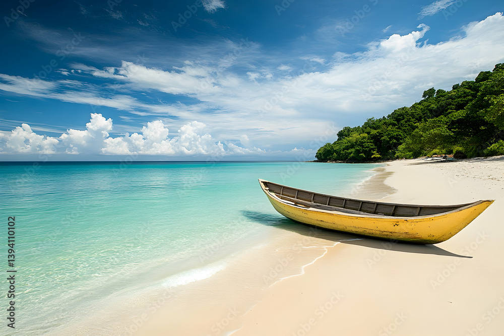 Naklejka premium A tranquil tropical beach scene with a yellow wooden boat.