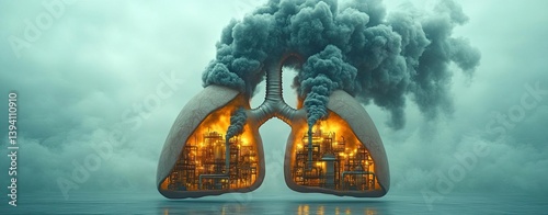 A creative illustration of human lungs turning into an industrial factory emitting smoke, symbolizing the direct effect of air pollution on health