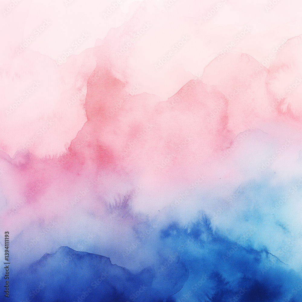 Fototapeta premium This captivating watercolor landscape evokes a dreamlike, ethereal atmosphere. Soft, misty hues of pink, blue, and purple blend together, creating a serene and contemplative scene. The blurred, textur